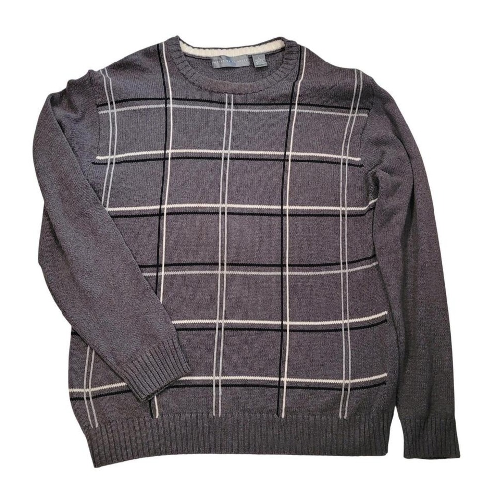 Oscar de la Renta Gray Windowpane 100% Cotton Sweater Crew Neck L Preppy Classic